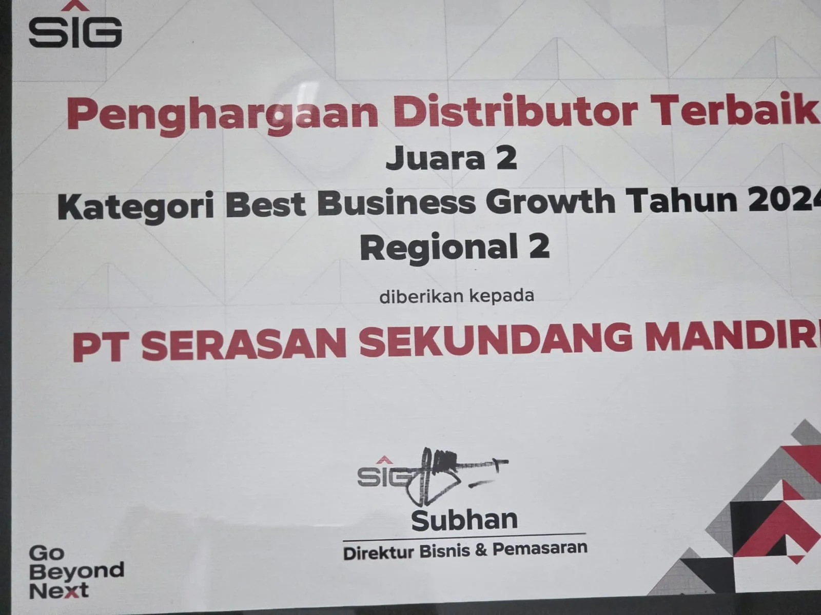 Juara 2 Best Business Growth Regional 2 dari SIG