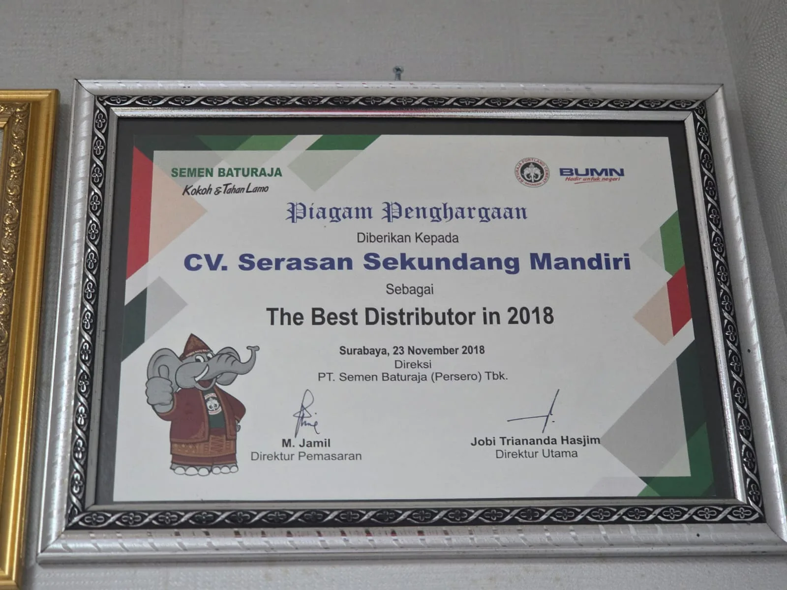 The Best Distributor 2018 dari PT Semen Baturaja (Persero) Tbk.