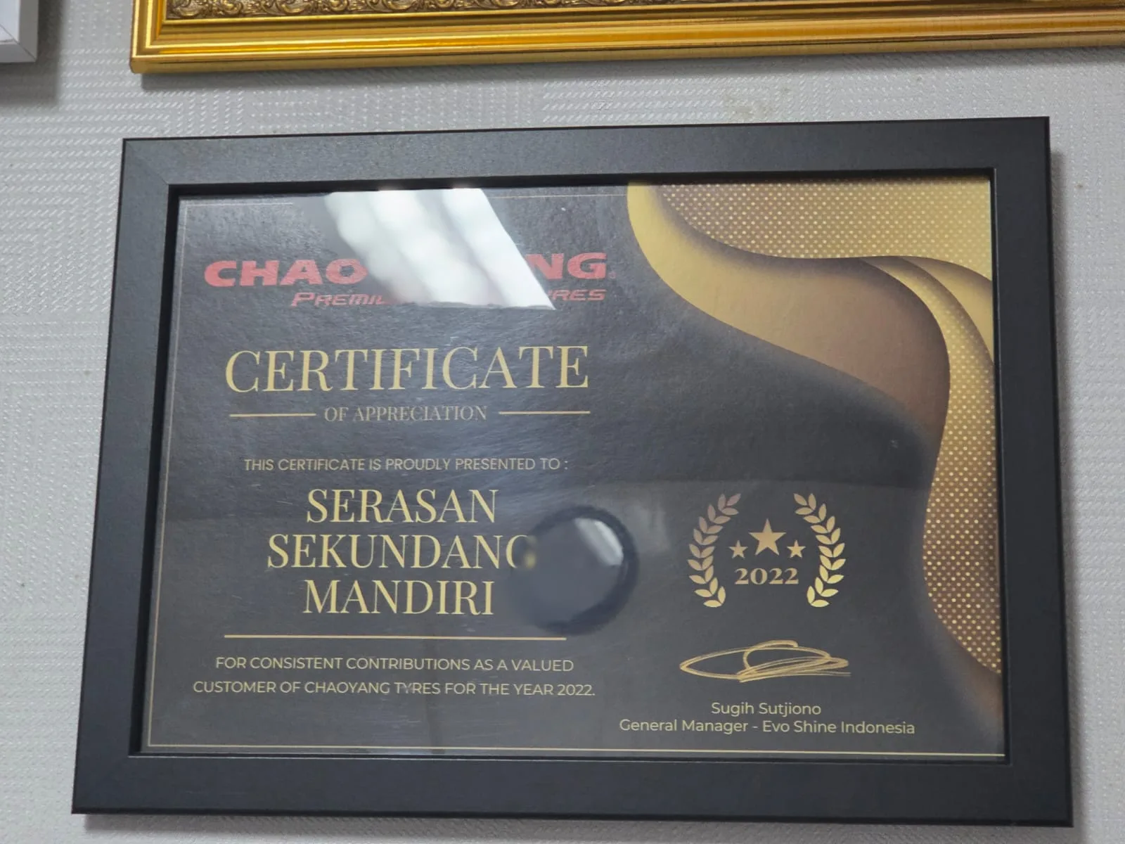 Certificate of Appreciation dari Chaoyang Tyres