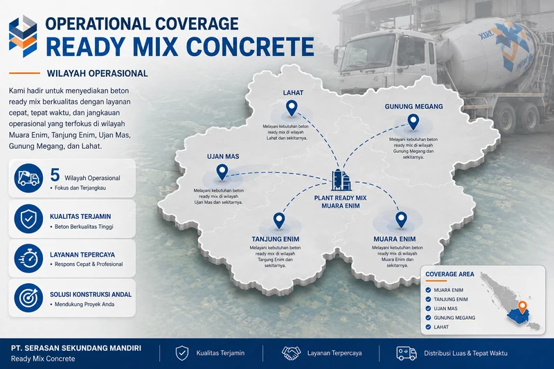 Peta wilayah operasional ready mix concrete di Muara Enim, Tanjung Enim, Ujan Mas, Gunung Megang, dan Lahat